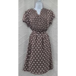 Polka dot Robert Louis dress Pleated bodice sheer sleeve Size L Beige Office